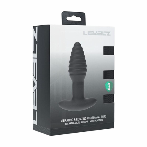 Vibrating & Rotating Ribbed Silicone Rechargeable Anal Plug with Remote Black 4.9" Silicone Remote