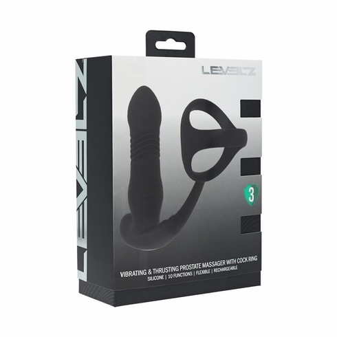 Vibrating & Thrusting Silicone Rechargeable Prostate Massager with Tri O Cock Ring Black 5.3" Silicone