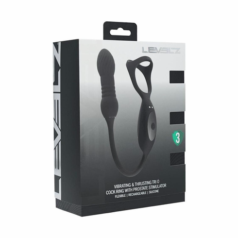 Vibrating & Thrusting Silicone Rechargeable Tri O Cock Ring with Prostate Stimulator Black 5.3" Silicone