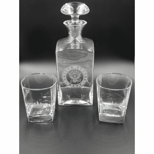 Navy Decanter with 2 Dolphins Glasses