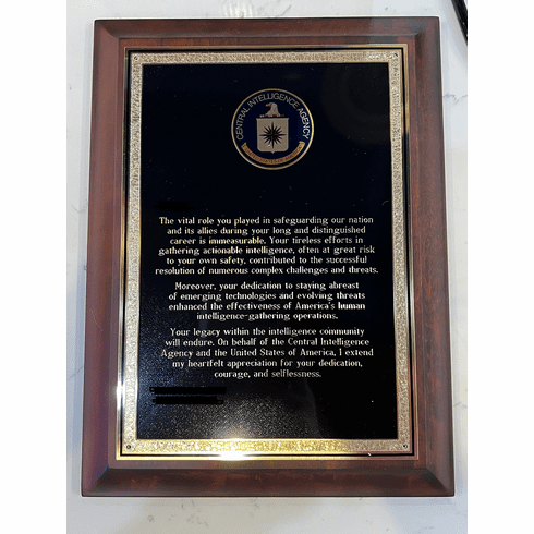 RETIREMENT PLAQUE WITH CUSTOM LOGO AND VERBIAGE