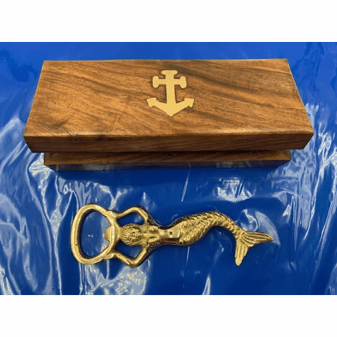 Solid Brass Mermaid Bottle Opener in Wooden Box with Inlaid Anchor