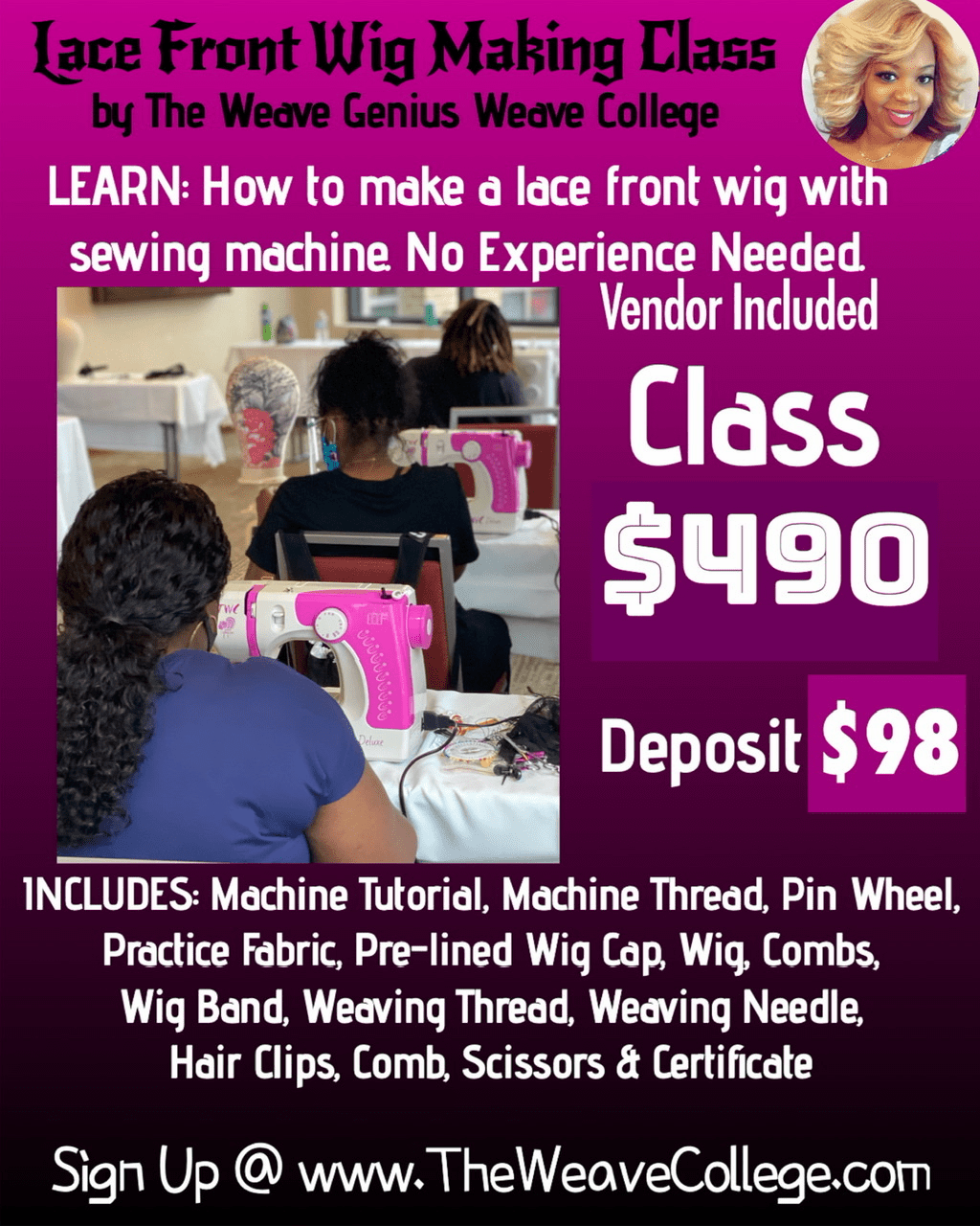 Lace Front Wig Making GROUP Class with a Sewing Machine $490 ~ CLICK HERE TO BOOK