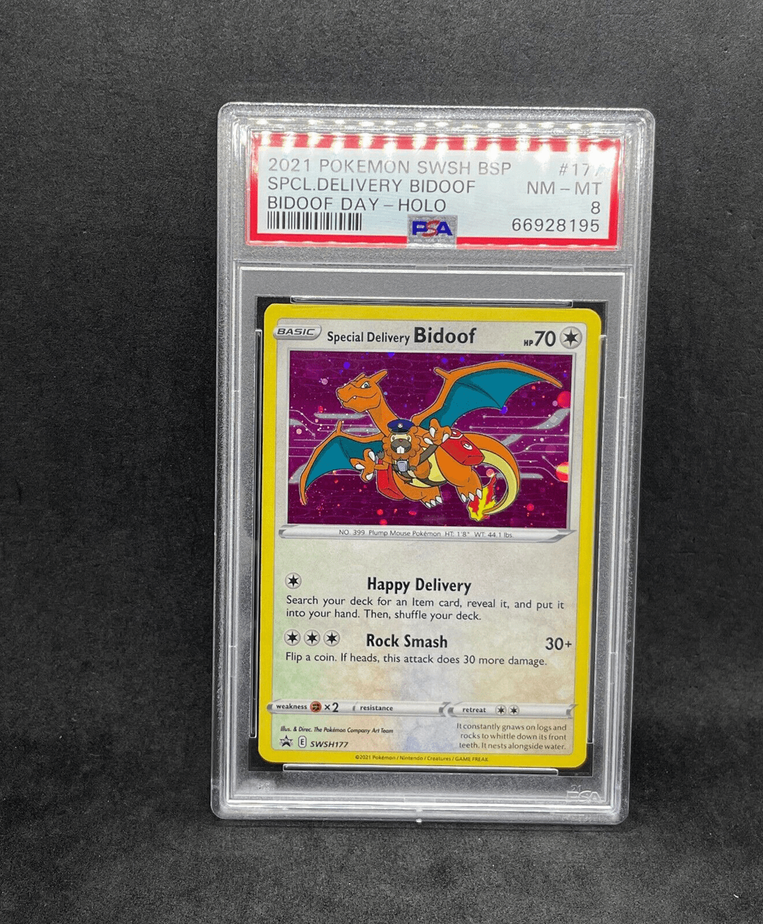Pokemon Center Special Delivery Bidoof Charizard Promo Holo SWSH177 PSA 8 MINT SWIRL