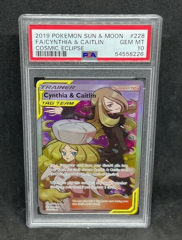 Pokemon S&M Cosmic Eclipse Cynthia & Caitlin 228/236 Full Art Holo Foil PSA 10