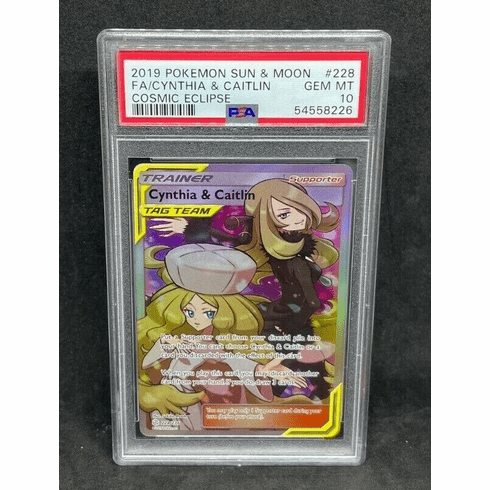 Pokemon S&M Cosmic Eclipse Cynthia & Caitlin 228/236 Full Art Holo Foil PSA 10