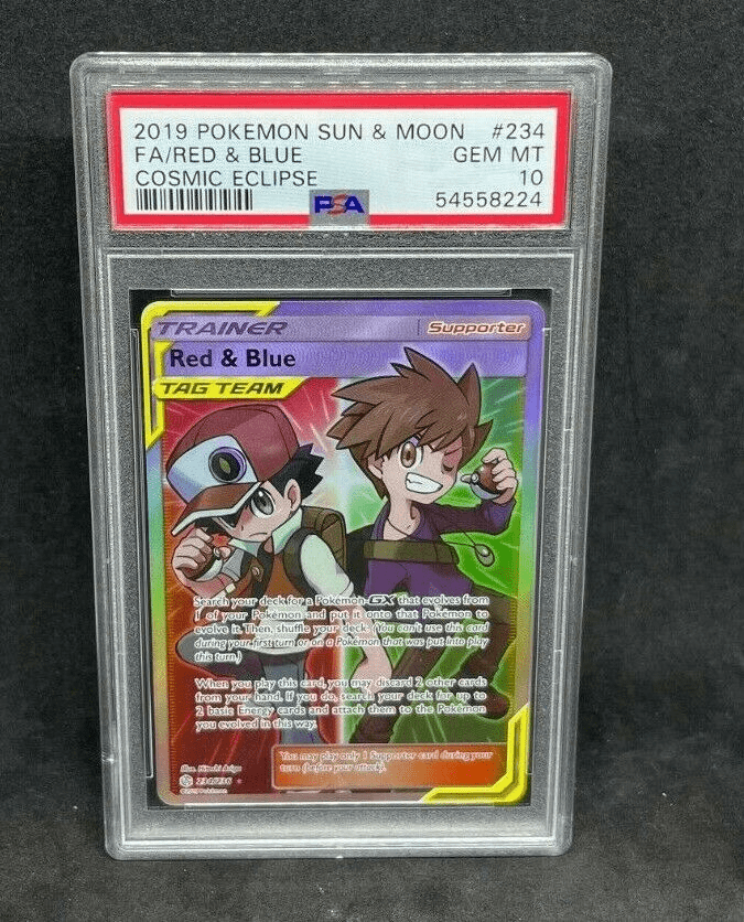 Pokemon S&M Cosmic Eclipse Red & Blue 234/236 Full Art Trainer Holo Foil PSA 10