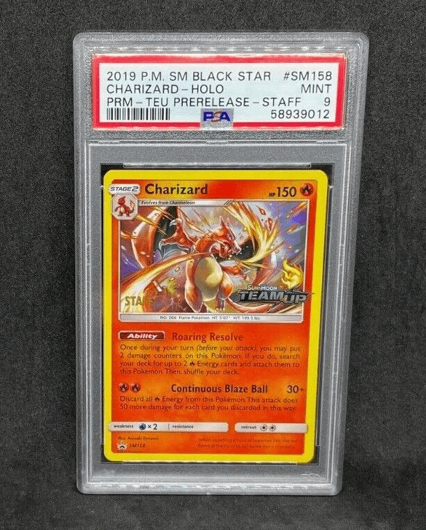 Pokemon SM Team Up Prerelease STAFF Charizard SM158 Black Star Promo PSA 9 MINT