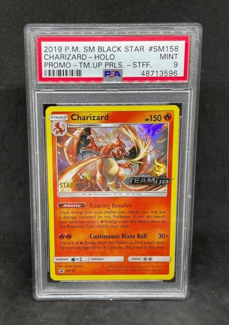 Pokemon SM Team Up Prerelease STAFF Charizard SM158 HOLO BLEED Error PSA 9 MINT