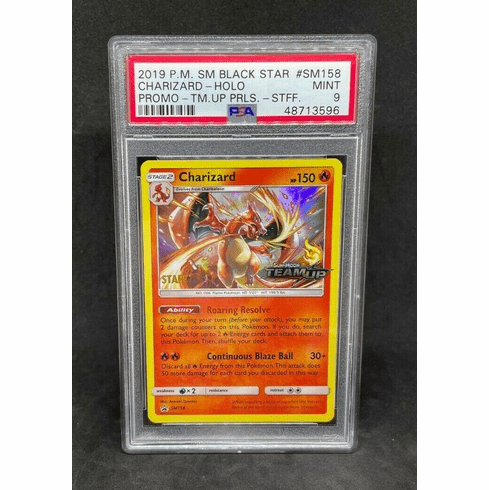 Pokemon SM Team Up Prerelease STAFF Charizard SM158 HOLO BLEED Error PSA 9 MINT
