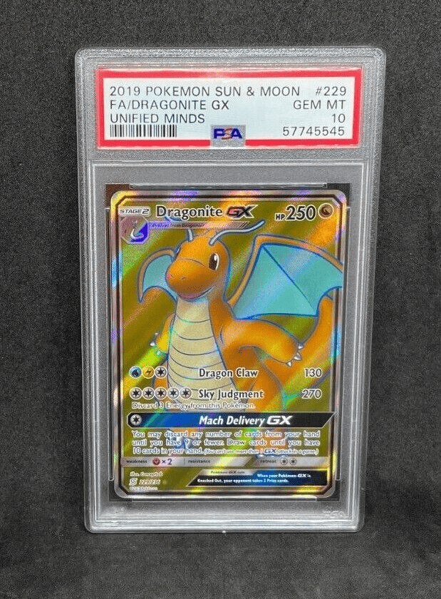 Pokemon SM Unified Minds Dragonite GX 229/236 Full Art Ultra Rare Holo PSA 10