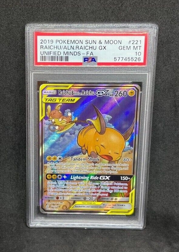 Pokemon Unified Minds Raichu & Alolan Raichu GX 221/236 Alt Art Full Holo PSA 10