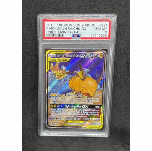 Pokemon Unified Minds Raichu & Alolan Raichu GX 221/236 Alt Art Full Holo PSA 10