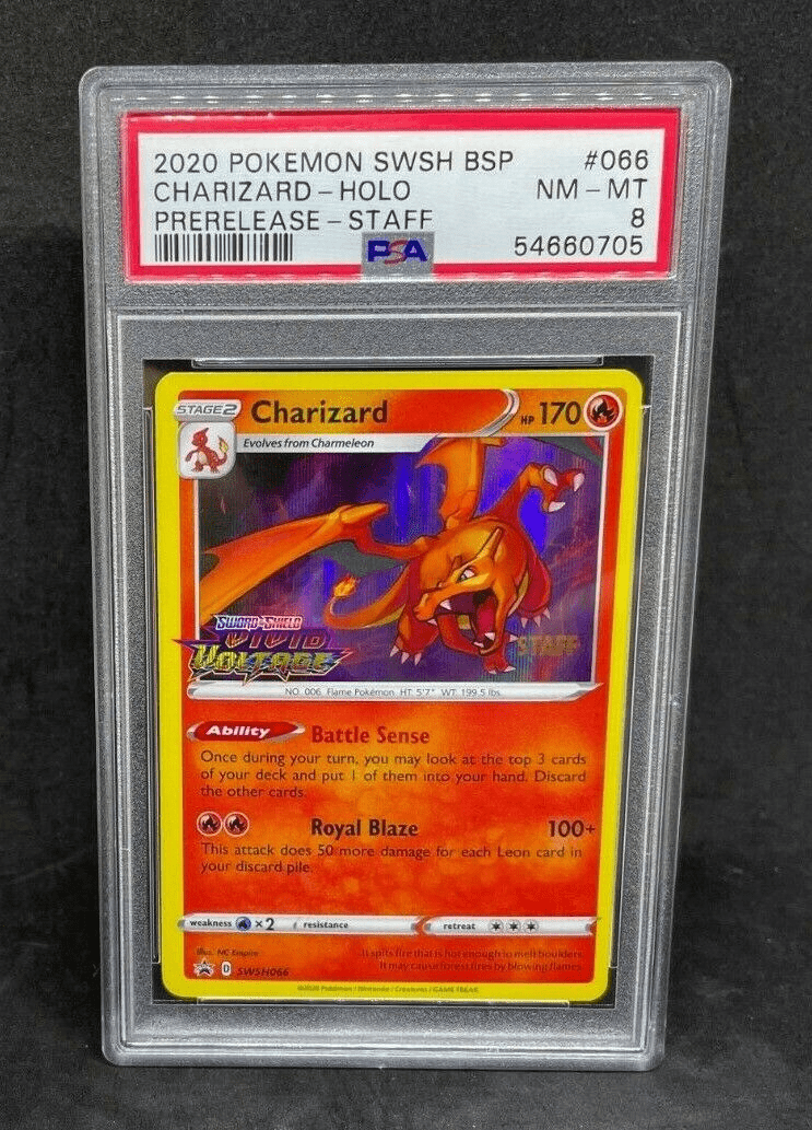 Pokemon Vivid Voltage Prerelease STAFF Charizard SWSH066 Black Star Holo PSA 8