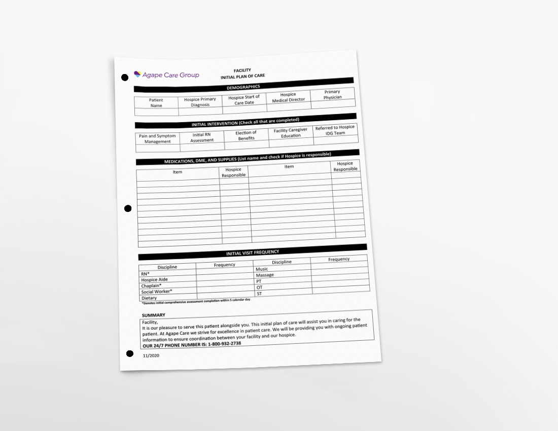 Facility Initial Plan of Care Forms SC Packs of 25's