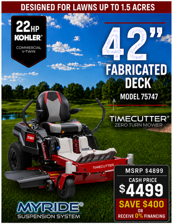 42 22hp Toro TIMECUTTER Zero-Turn Mower with Kohler Engine and MyRIDE Comfort Suspension