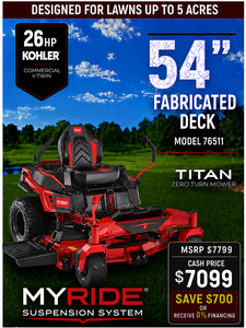 54 26hp Toro TITAN Zero-Turn Mower with Kohler Engine and MyRIDE Comfort Suspension