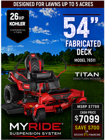 54 26hp Toro TITAN Zero-Turn Mower with Kohler Engine and MyRIDE Comfort Suspension