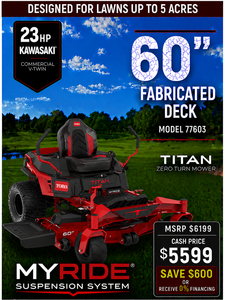 60 23hp Toro TITAN Zero-Turn Mower with Kawasaki Engine and MyRIDE Comfort Suspension