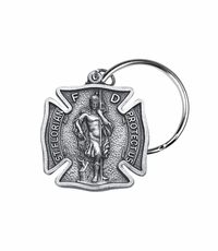1-1/8 x 1 Inch Fine Pewter St. Florian, Patron Saint of Fire Fighters Maltese Cross Key Chain