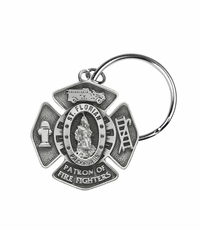 1-5/8 x 1-1/2 Inch Fine Pewter St. Florian, Patron Saint of Fire Fighters Maltese Cross Key Chain