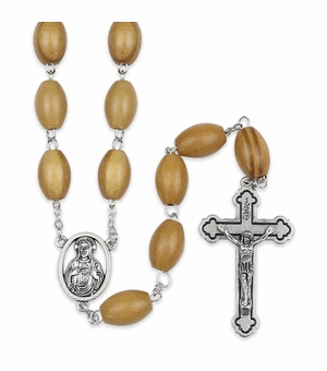 11mm Wood Bead Rosary with Crucifix and Sacred Heart Center