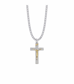 15/16 Inch Two-Tone Sterling Silver Polished Crucifix Necklace