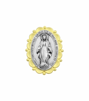 3/4 Inch Two-Toned Sterling Silver Miraculous Medal Pin With Spring Loaded Quality Clutch