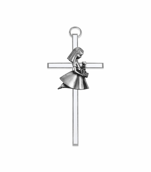 4-1/2 Inch Silver Enameled Wall Cross with Centered Kneeling First Communion Girl