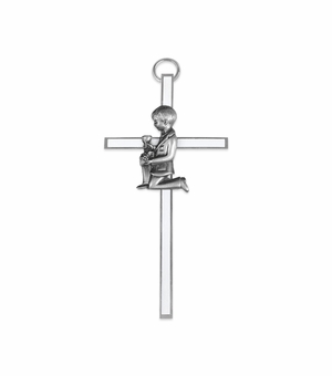4-1/2 Inch Silver Plated Metal and Enameled Wall Cross with Centered Kneeling First Communion Boy