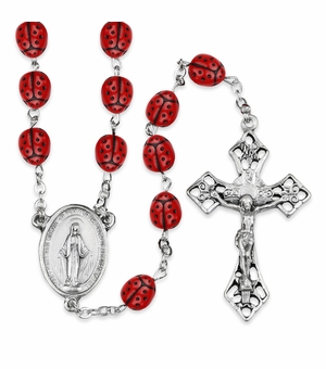 4.5mm Ladybug Glass Bead Rosary with Crucifix and Miraculous Center