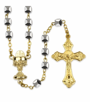 4.5mm Square Hematite Beads Rosary with Gold Plated Crucifix and Chalice Center