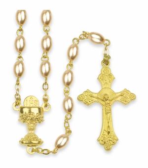 4mm Imitation Pearl Beads Rosary with Gold Plated Crucifix and Chalice Center