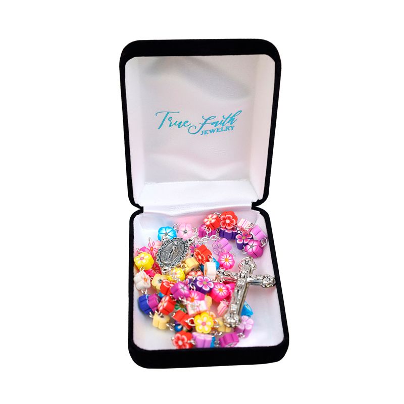4mm Multi-Color Plastic Bead Flower Rosary with Crucifix and