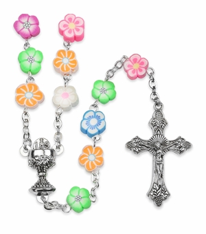 4mm Plastic Multi-Color Flower Beads First Communion Rosary with Crucifix and Chalice Center