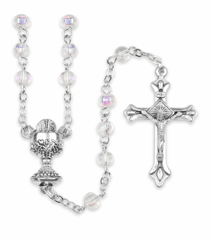 4mm Round Crystal Glass Bead Rosary with Crucifix and Chalice Center
