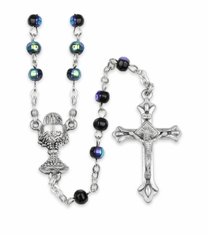 4mm Round Crystal Glass Black Bead Rosary with Crucifix and Chalice Center