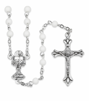 4mm Round White Glass Bead Rosary with Crucifix and Chalice Center