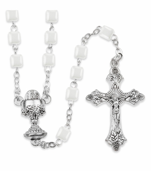 4mm Square White Glass Beads Rosary with Crucifix and Chalice Center