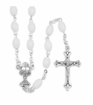 4mm White Oval Imitation Pearl Bead Rosary with Crucifix and Chalice Center