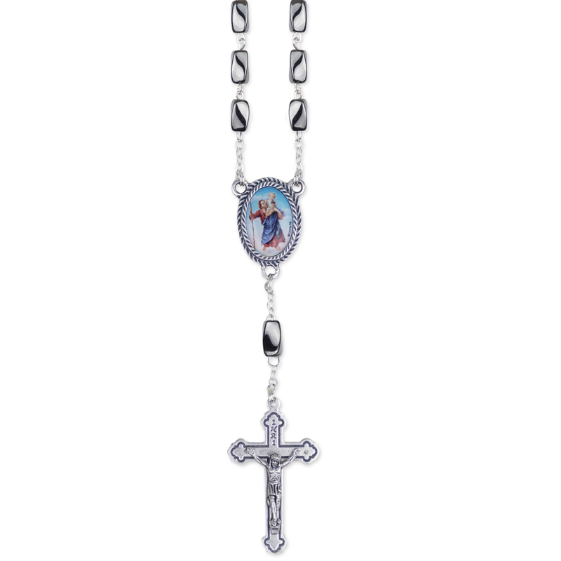 5.5mm Black Square Hematite Beads Auto Rosary with Crucifix