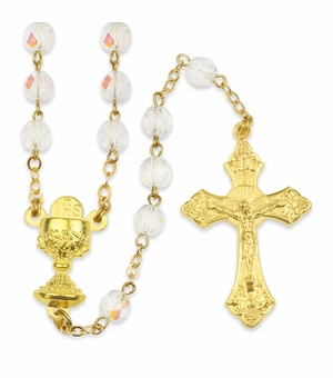 5.5mm Crystal Glass Beads Rosary with Gold Plated Crucifix and Chalice Center