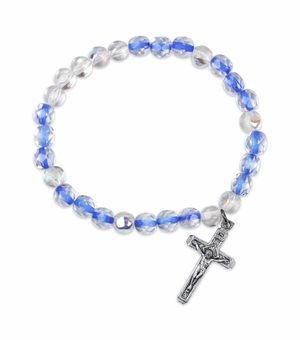 5mm Faceted Clear and Aqua Glass Bead Rosary Bracelet with Crucifix