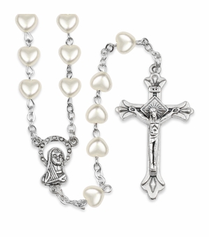 5mm Imitation Pearl Heart Bead Communion Rosary with Crucifix and Madonna Center