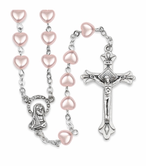 5mm Pink Heart Bead Communion Rosary with Crucifix and Madonna Center