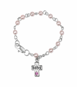 5mm Pink Pearl Beads Baby Bracelet with Cross Charm