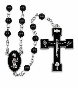 5mm Round Black Glass Bead Rosary with Crucifix and First Communion Praying Boy Center