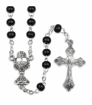 5mm Round Black Wood Bead Rosary with Crucifix and Chalice Center