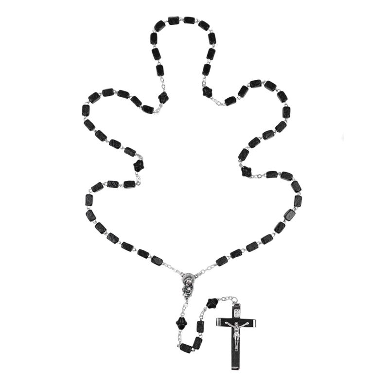 5mm Square Black Wood Bead Rosary with Crucifix and Madonna with