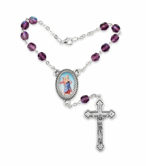 6mm Amethyst Glass Beads Auto Rosary with Crucifix and St. Christopher Center